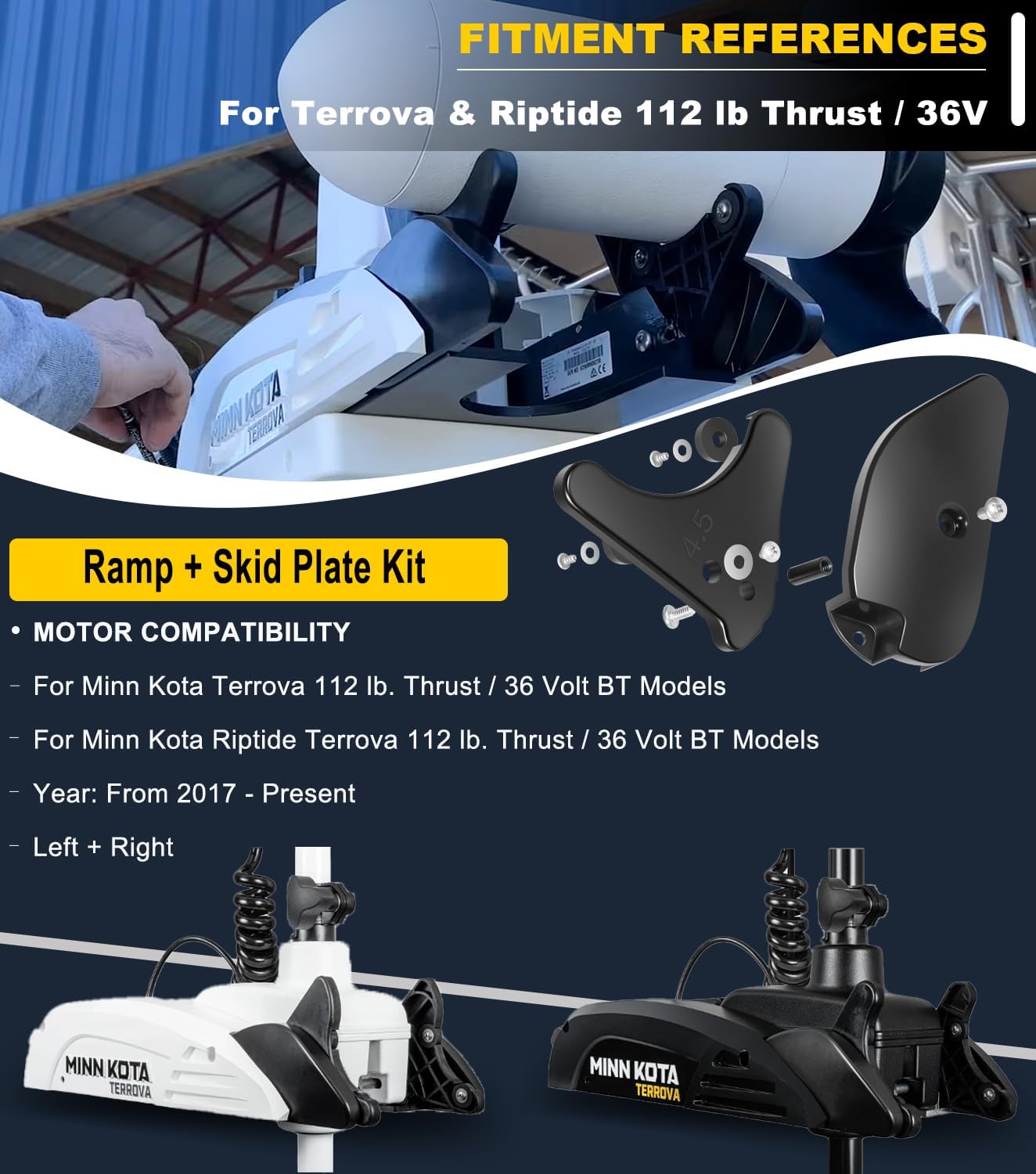 Motor Ramp & Skid Plate Kit For Minn Kota Terrova & Riptide Terrova 112 lb Thrust 4-1/2" Motors BT 2017 & Newer Models - Left and Right - Ramp + Skid Plate Rebuild Kit