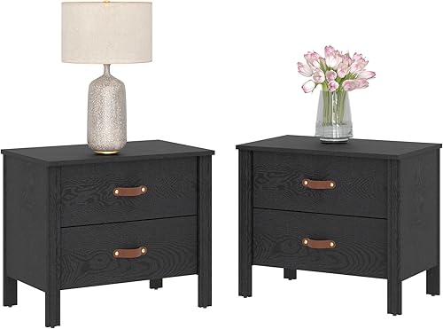 WAMPAT Juego de 2 mesas auxiliares para dormitorio, mesa auxiliar pequeña de madera con 2 cajones para sala de estar, oficina, color negro