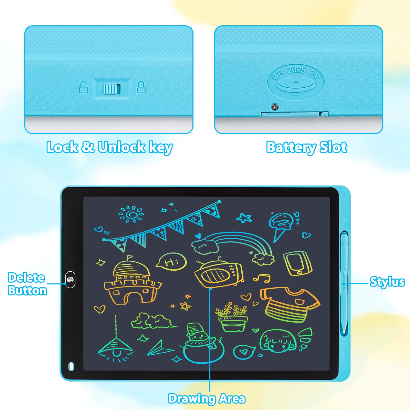 Tablette Dessin Enfant 16 Pouces Ardoise Magique LCD Colorée avec Verrouillage et Effacement Jouet Éducatif Filles Garçons 3-12 ans Bleu