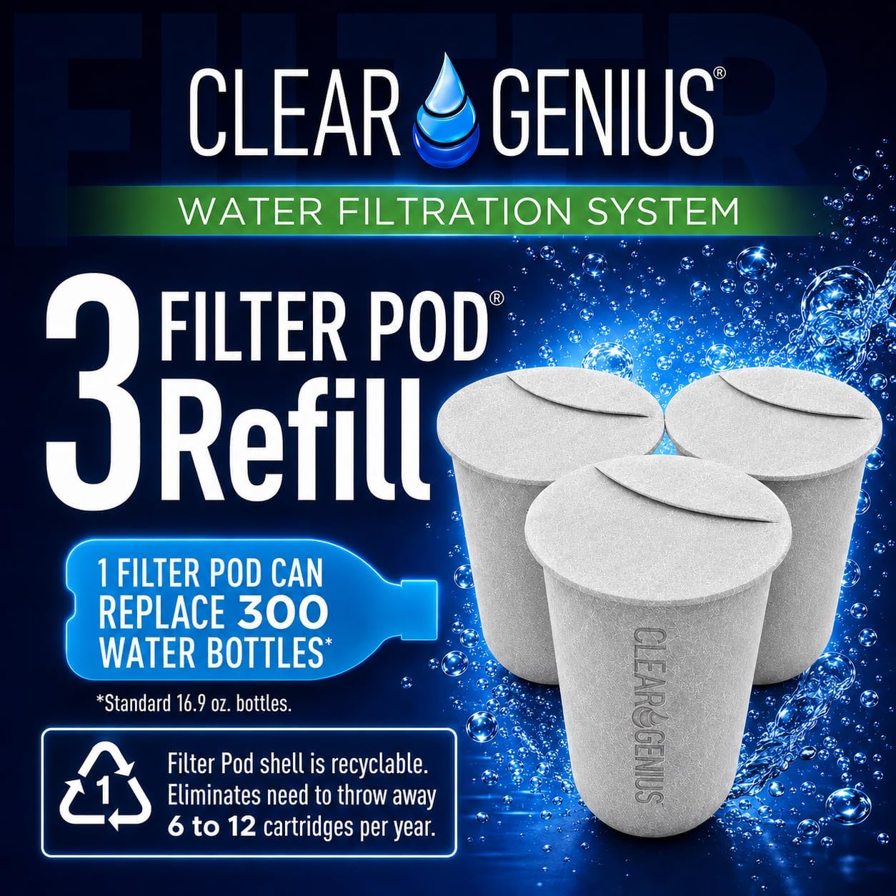 Replacement Water Filter Pods for Clear Genius Reusable Cartridges, BPA-Free, Compatible with Brita & PUR Water Pitchers, Filters 40 Gallons Each, 3-Pack