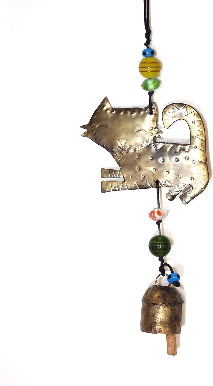 Handcrafted Wind Noisemaker Windchime Ornament with Glass Beads and Nana Bell - Kitty Cat