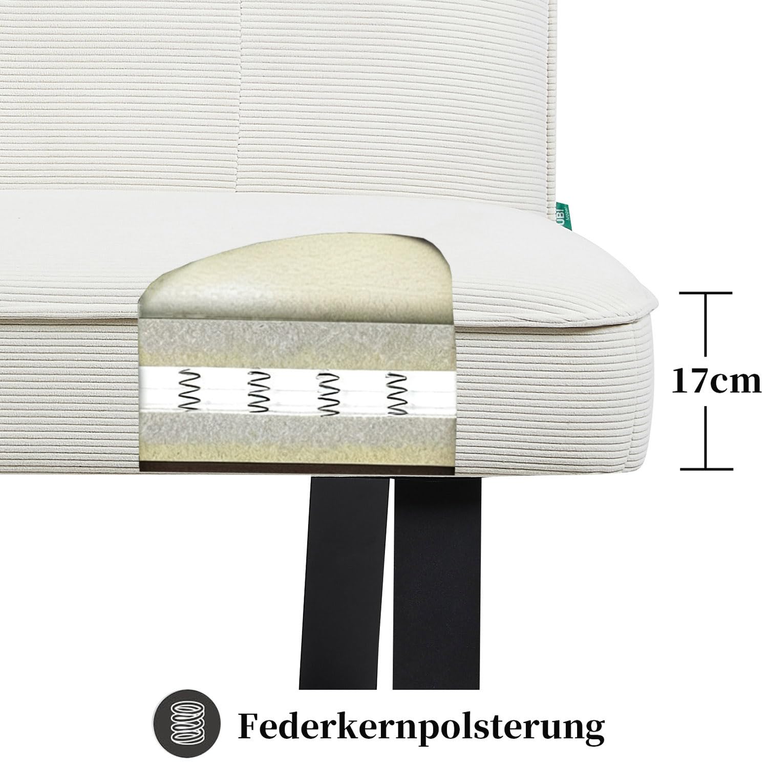 DUBI Möbel Sitzbank Emilia 160 cm mit Federkernpolsterung – Moderne Esszimmerbank Cord Creme – Gepolsterte Küchenbank mit 17 cm Polsterung & Metallbeinen Schwarz