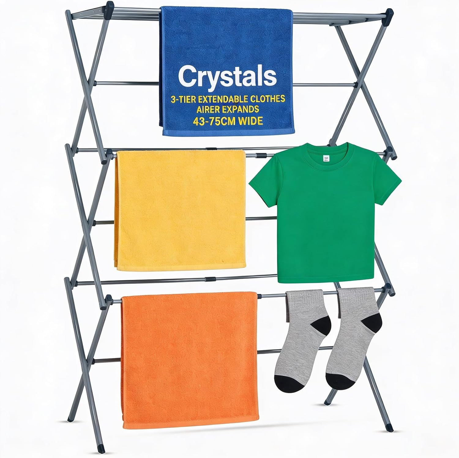Crystals 3 Tier Clothes Airer Drying Rack – Foldable Indoor Outdoor Laundry Drying Rack with 11 Rails, 18 Feet Drying Space, Space Saving Clothes Horse, Portable Clothes Dryer Stand, Steel Frame, Grey