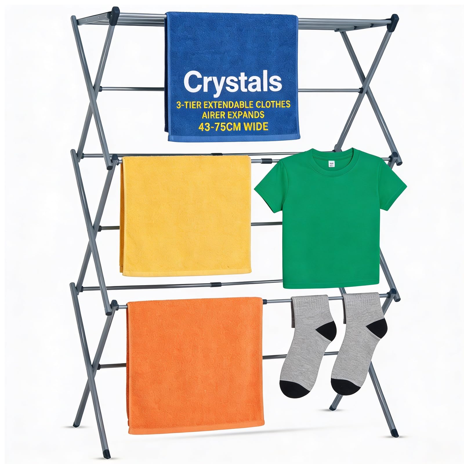 Crystals 3 Tier Foldable Indoor Clothes Airer, Extendable Drying Rack & Clothes Horse (Grey)