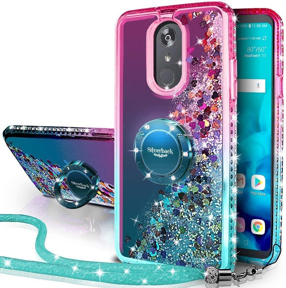 Silverback Compatible for LG Aristo/Aristo 2/Aristo 2 Plus/Aristo 3/Aristo 3 Plus/Tribute Dynasty/Tribute Empire/Rebel 3 LTE/Phoenix 4 Case, Bling Liquid Holographic Glitter Case with Ring -Green