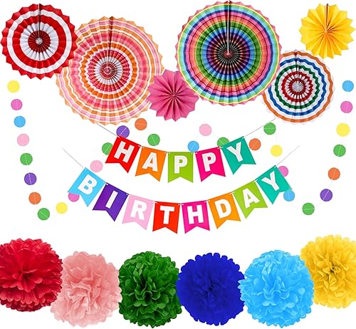 Juego de decoración de arcoíris para fiesta de feliz cumpleaños, incluye abanicos de papel, pompones de papel de seda, flores y colgantes de puntos