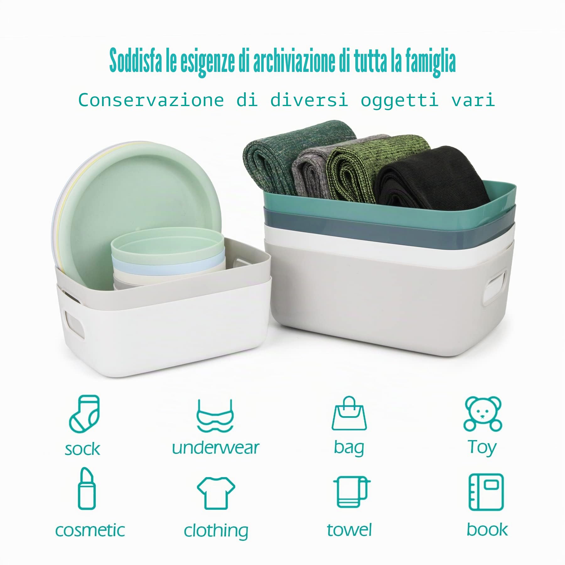 Spesh 6 cestini portaoggetti in plastica per armadietti, per cucina, bagno e mensole (blu, verde, bianco, grigio)