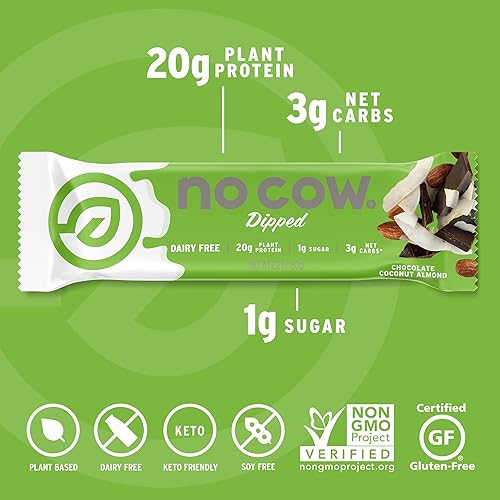 Miniatura 5 de No Cow - Barras bañadas de alto contenido en proteínas sabor a chocolate coco y almendras 20 g de proteína vegana a base de plantas aptas para Keto