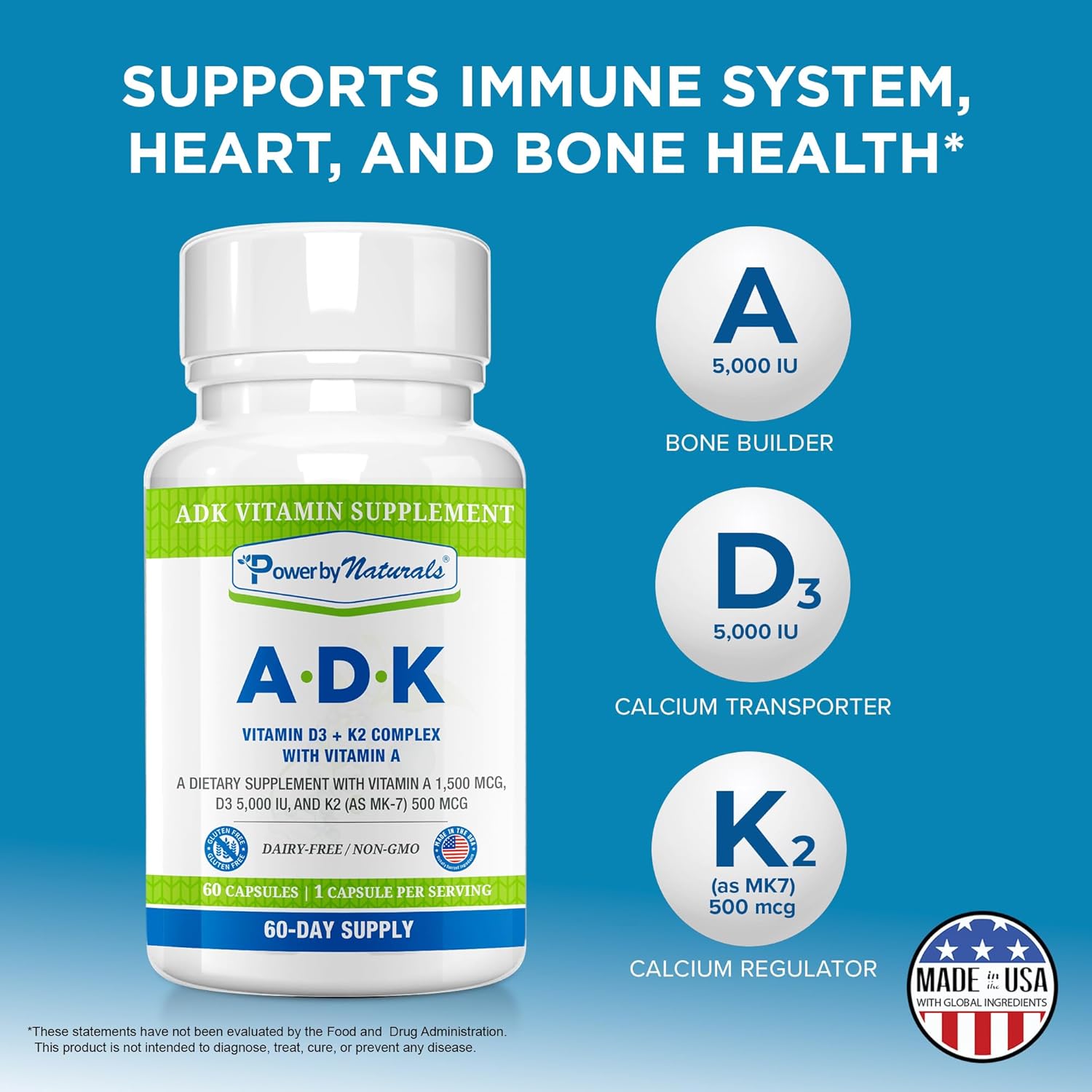 Power By Naturals ADK Vitamin Supplement – Vitamins A, D3 & K2 MK-7 for Bone Health & Calcium Absorption – Gluten-Free, Soy-Free – 120 Capsules, 2-Pack (4-Month Supply)