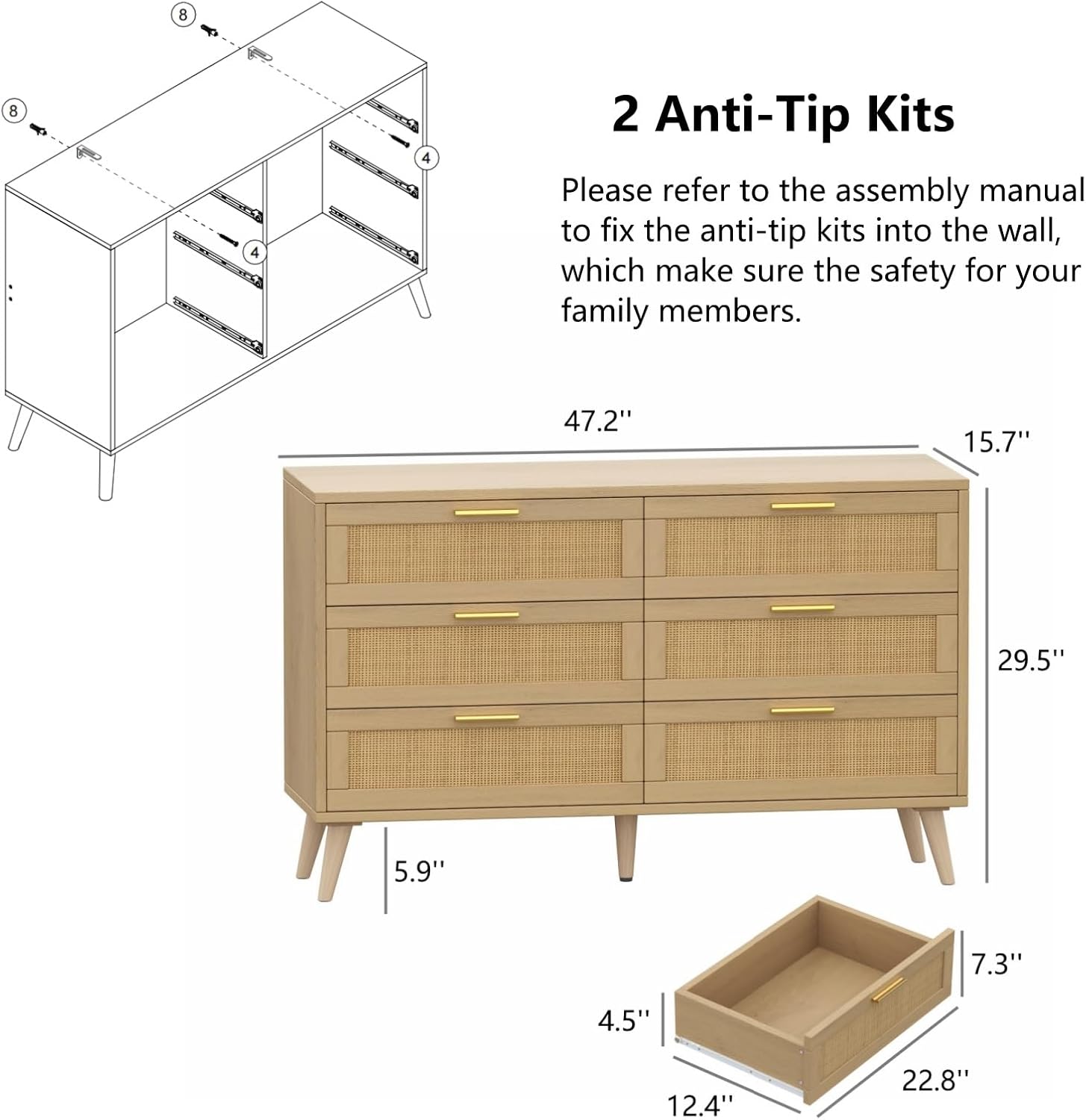 Irontar Rattan Dresser for Bedroom, 6 Drawer Dresser with Adjustable Foot, Wide Chest of Drawers with Metal Handles, Wooden Double Drawer Cabinet for Closet, Living Room, Entryway, Natural