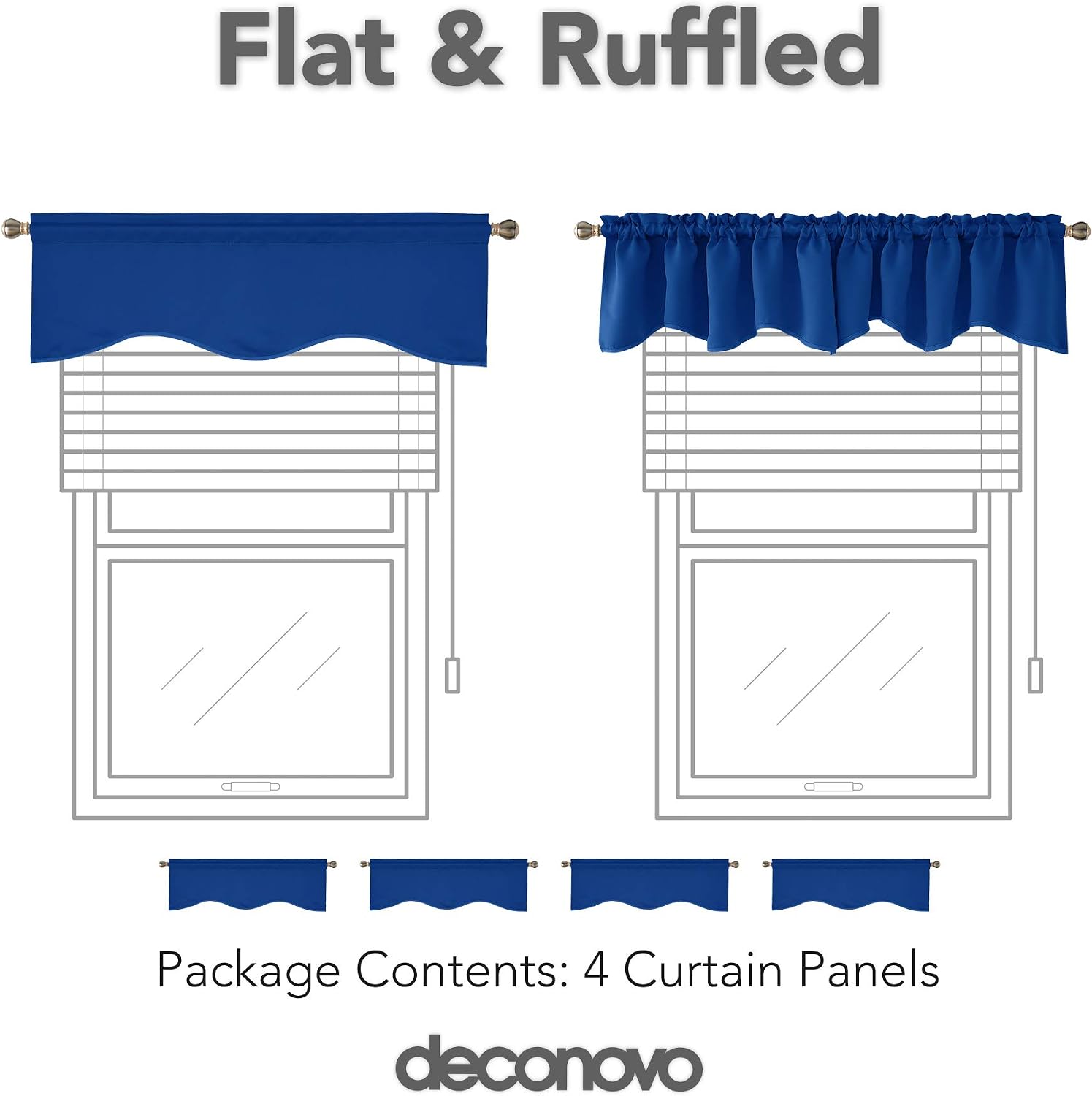 Deconovo Solid Rod Pocket Valances Blackout Tier Curtains Scalloped Valances for Kitchen 52x18 Inch Royal Blue 4 PCS