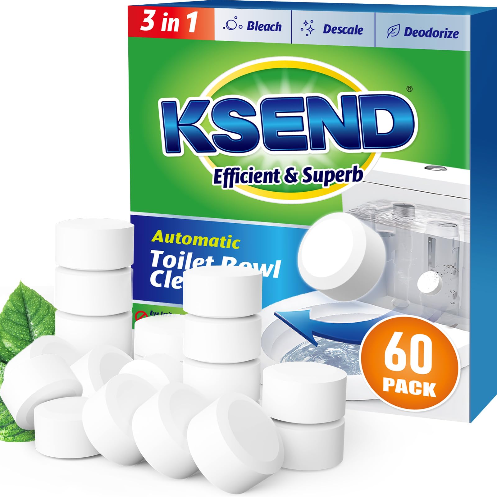 Ksend Toilet Bowl Cleaner Tablets - 60 PCS Automatic Bleach Toilet Cleaner Tablets, Slow-Releasing Deodorizing & Descaling, Powerful Bathroom Tank