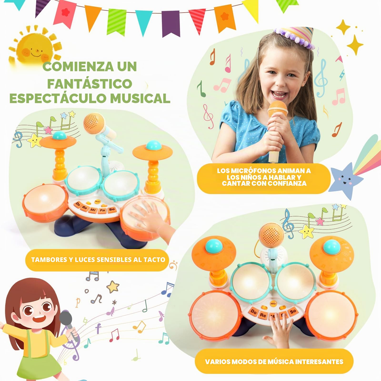 Bateria Juguetes Niños 1 Año-Tambor Infantil Regalo Bebe 1 Año Instrumentos Musicales Infantiles Bateria niños con Micrófono de Sonido Juegos para Niños de 1 Años Pascua Regalo Niña