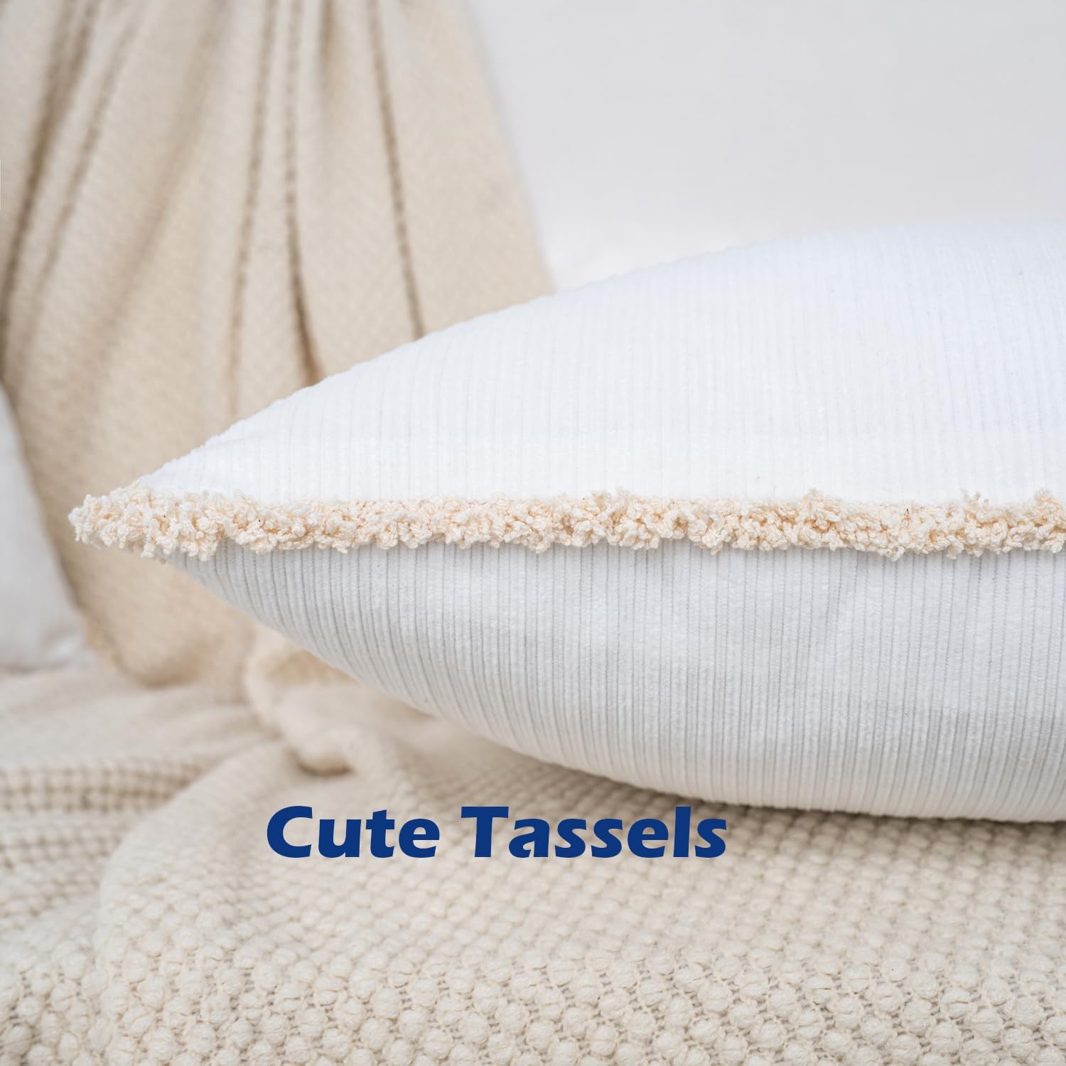 HWY 50 White Chenille Throw Pillow Covers 22x22 Inch with Tassels Fringe, Pack of 2, Soft Boho Farmhouse Cushion Cases for Couch Sofa Bed Living Room