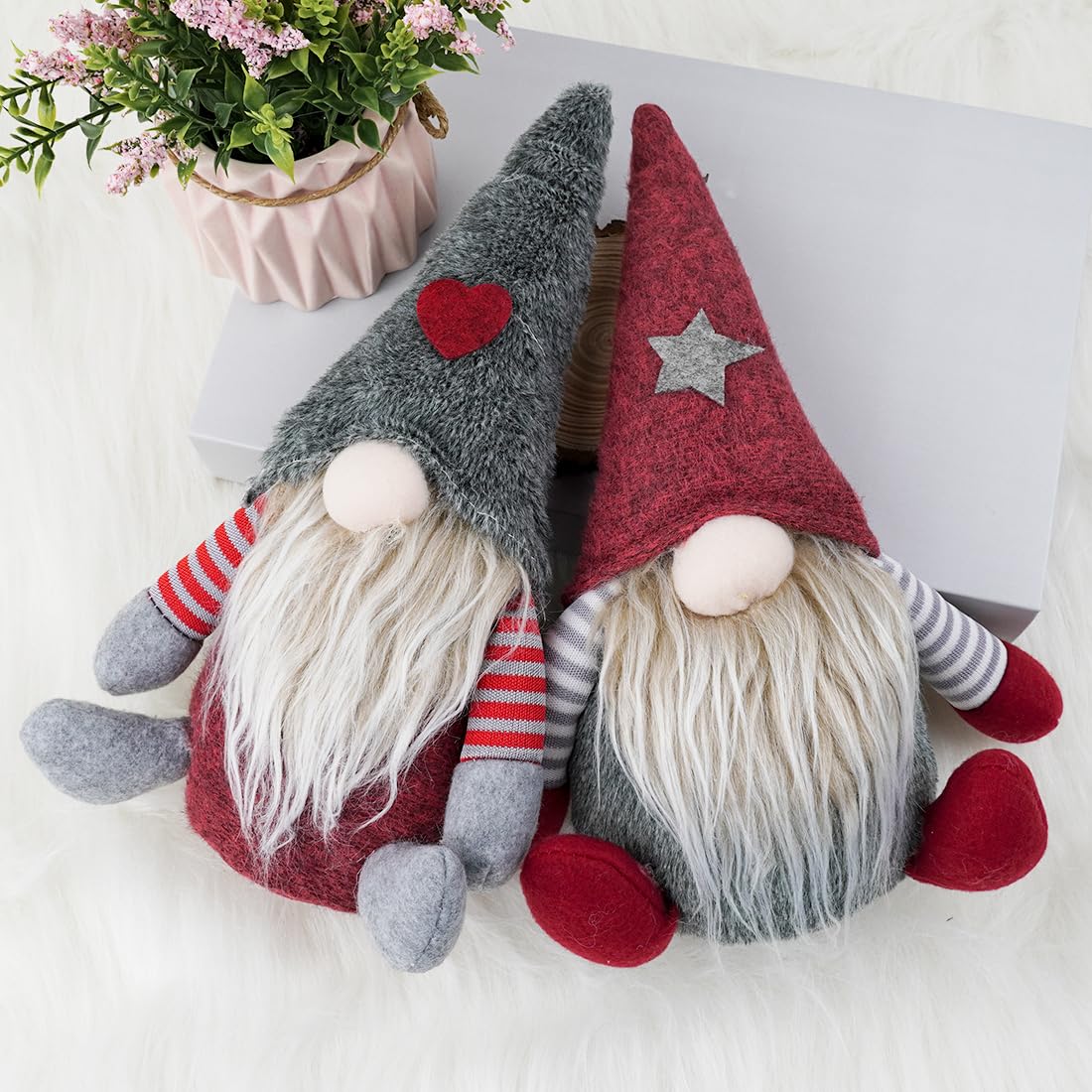 2 Stück Weihnachtswichtel Aus Plüsch – 28cm Hoch, Grau & Weiß, Festliche Dekoration