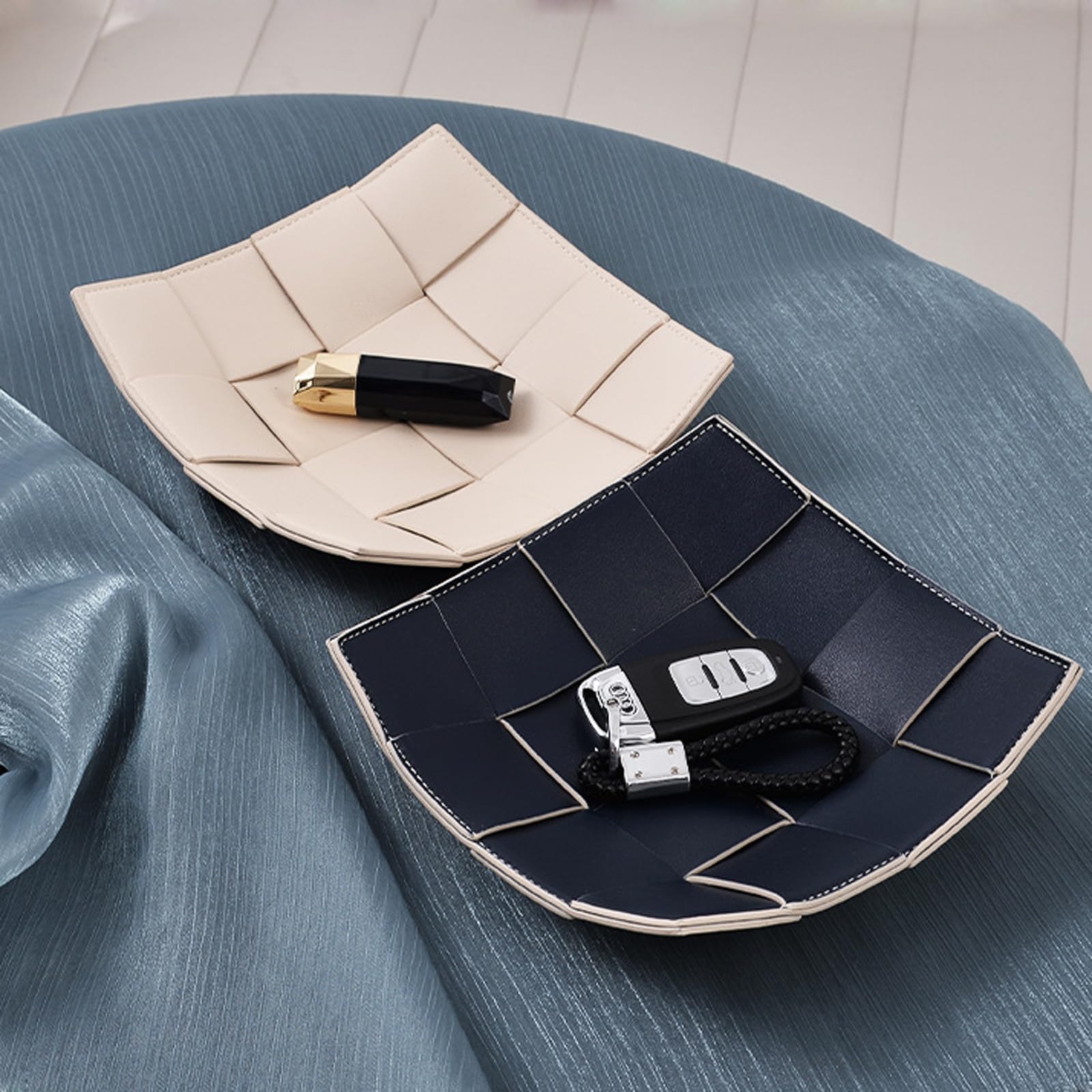 Bandeja de cuero tejido negro – Bandeja para llaves Detive, organizador de joyas, cuenco de exhibición de tocador, soporte de cuero para llaves y accesorios