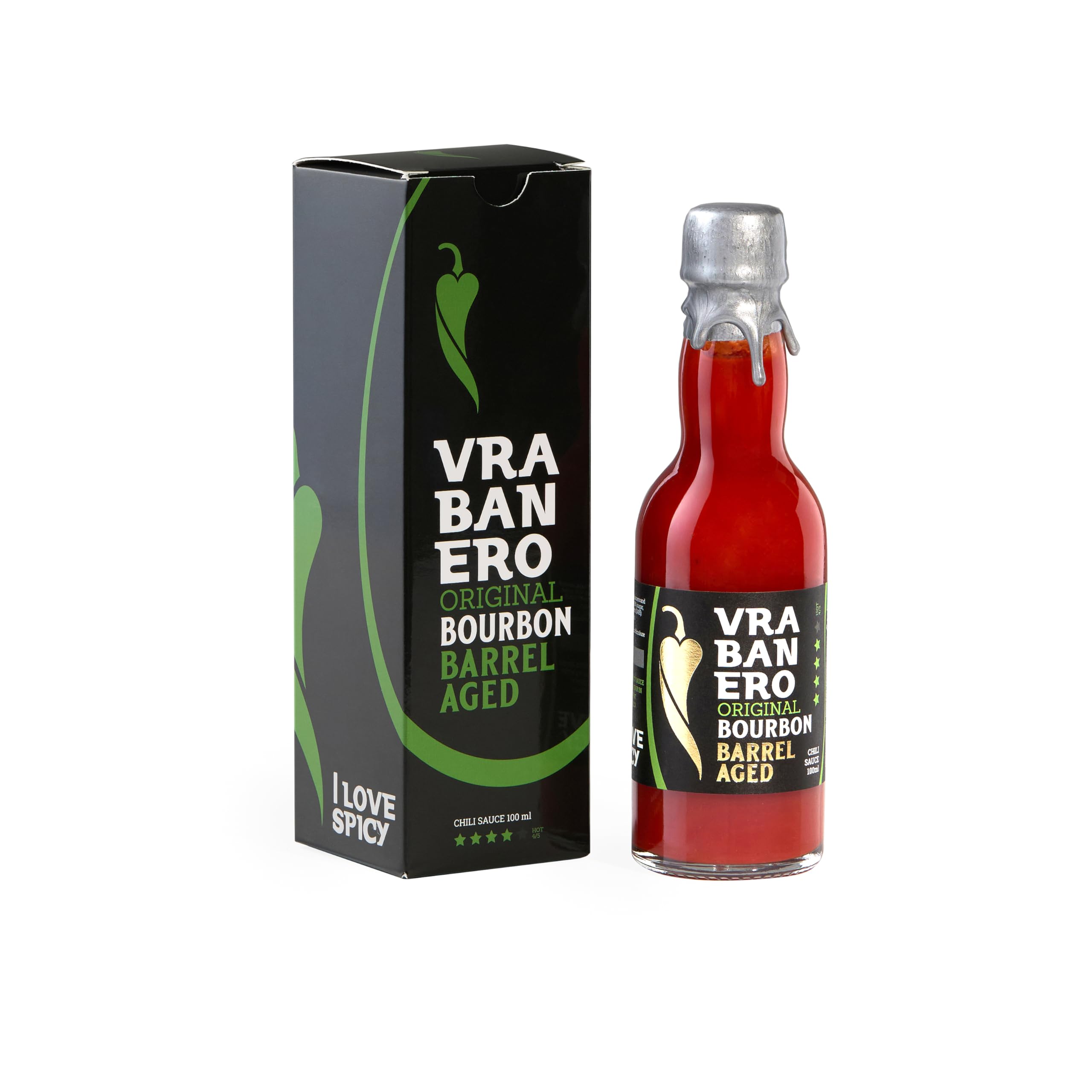 I LOVE SPICY Vrabanero Original Bourbon 100ml Salsa Picante con 80% Chiles Fermentados Envejecida en Barrica Bourbon Nivel Picante 4/5