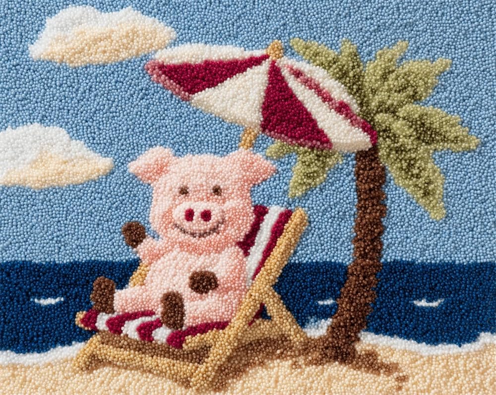 Latch Hook Rug Kits Cute Pig Sitting On A Beach Chair Colorful Printed Crochet Yarn DIY Hooking Latch Kit Carpet Rug Cover Mat for Cushion Floor Decor 39X55In
