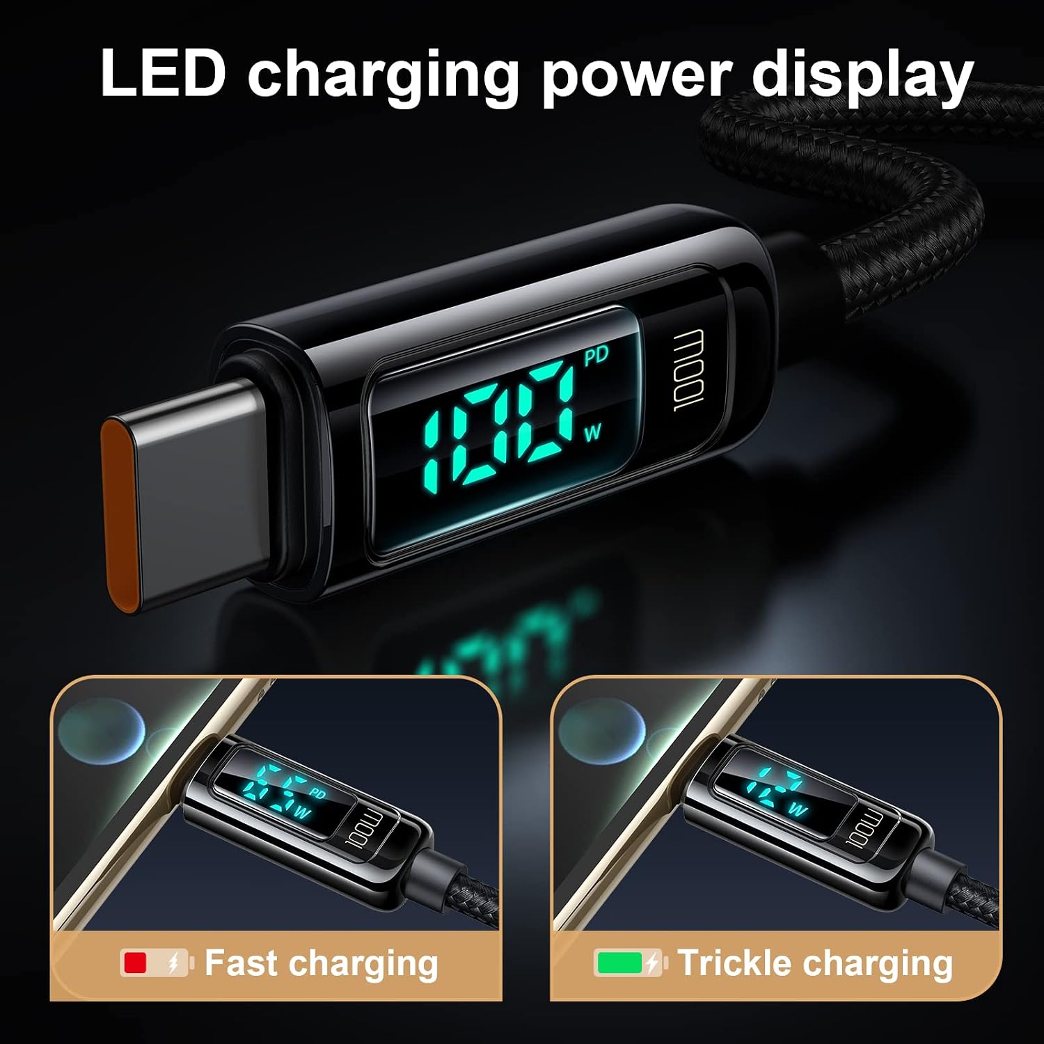mcdodo 100W USB-C to USB-C Fast Charging Cable 4ft, Type-C Charger Cord with LED Display USBC Charger Cable Nylon Braided, Fit for iPhone 16/15/15 Pro/Galaxy S23/iPad Pro/MacBook Pro image 3