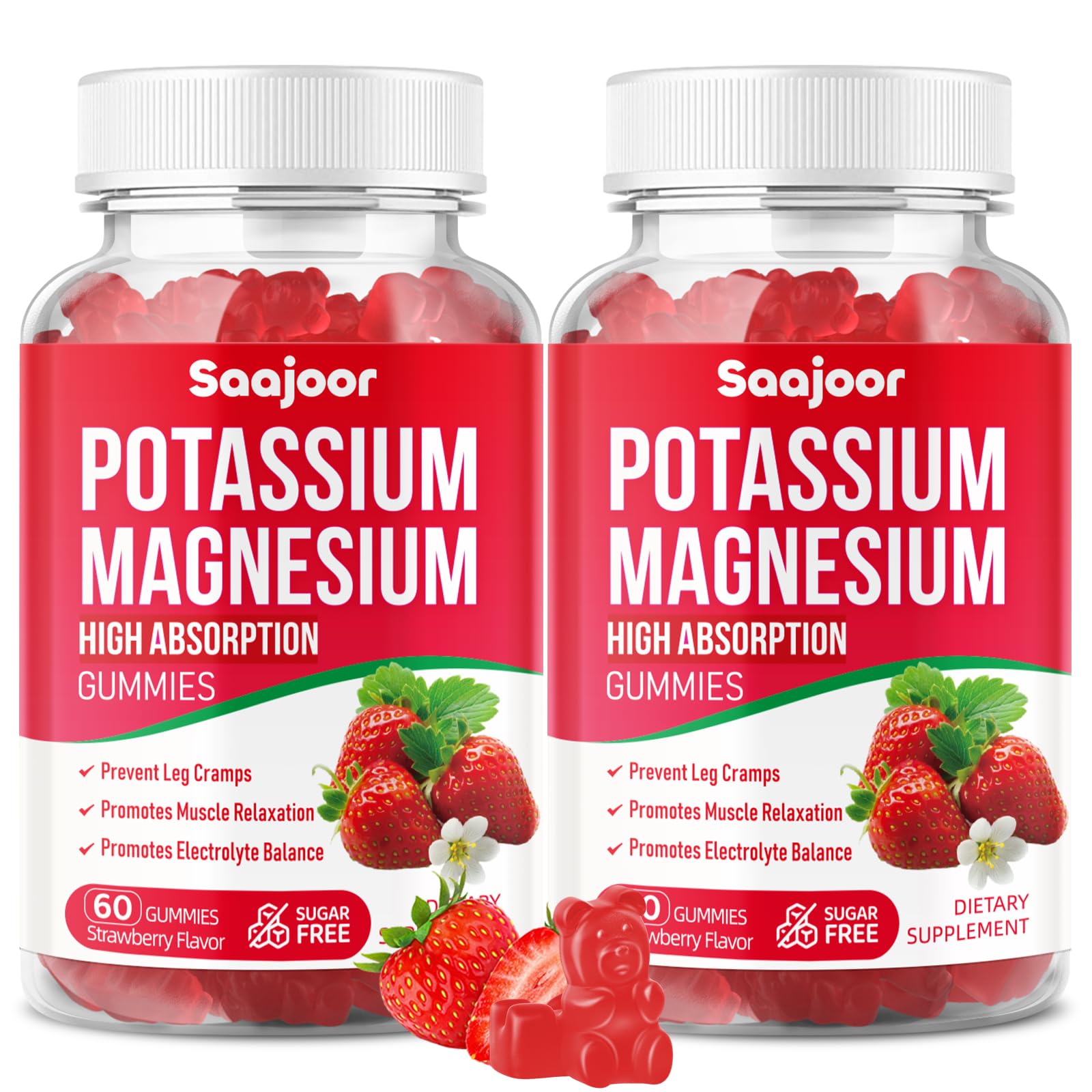 Potassium Magnesium Gummies,High Absorption Magnesium Glycinate,D3 & B6,Potassium Citrate - for Muscle Support, Leg Cramps & Electrolyte Balance - Vegan, Strawberry Flavor, 120 Count 2-pack