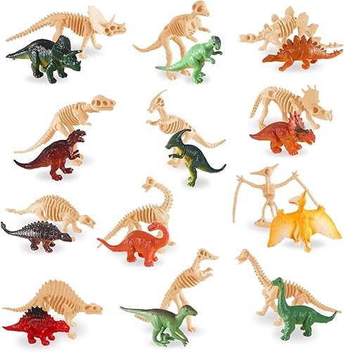 UPINS 24 piezas de juguete de esqueleto de dinosaurio de 3.5 pulgadas surtidas figuras de dinosaurios y esqueletos fósiles de dinosaurios con caja