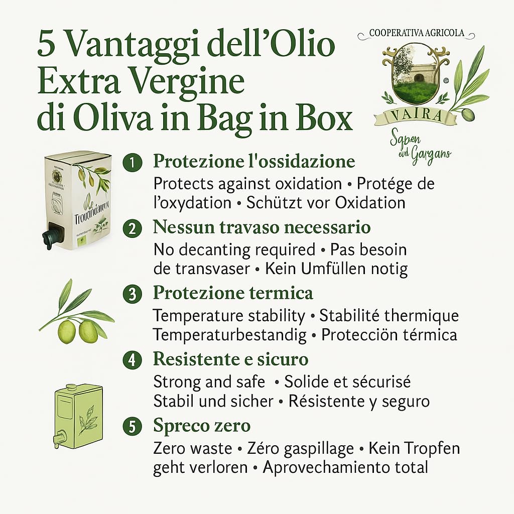 Huile d'olive extra vierge biologique, Ogliarola Garganica italienne, huile EVO extraite à froid, 100% huile des Pouilles, fruité moyen, pack de 2 bidons de 5 L