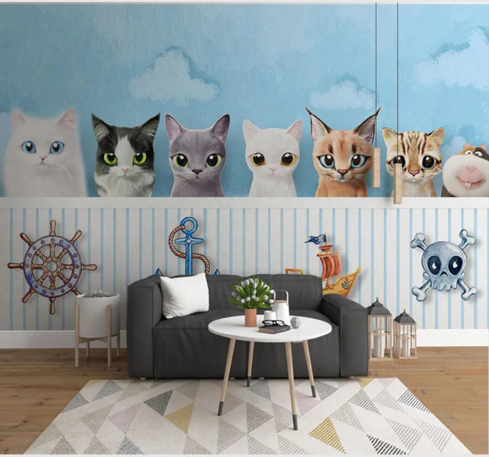 Wallpaper-3D-Xlm 200Cm×140Cm(B×H) Fresh Blue Clouds Cute Kitten 3D Wallpaper Easy Install Feature Office Living Room Sofa Bedroom Tv Background Wall Decoration-200Cm×140Cm