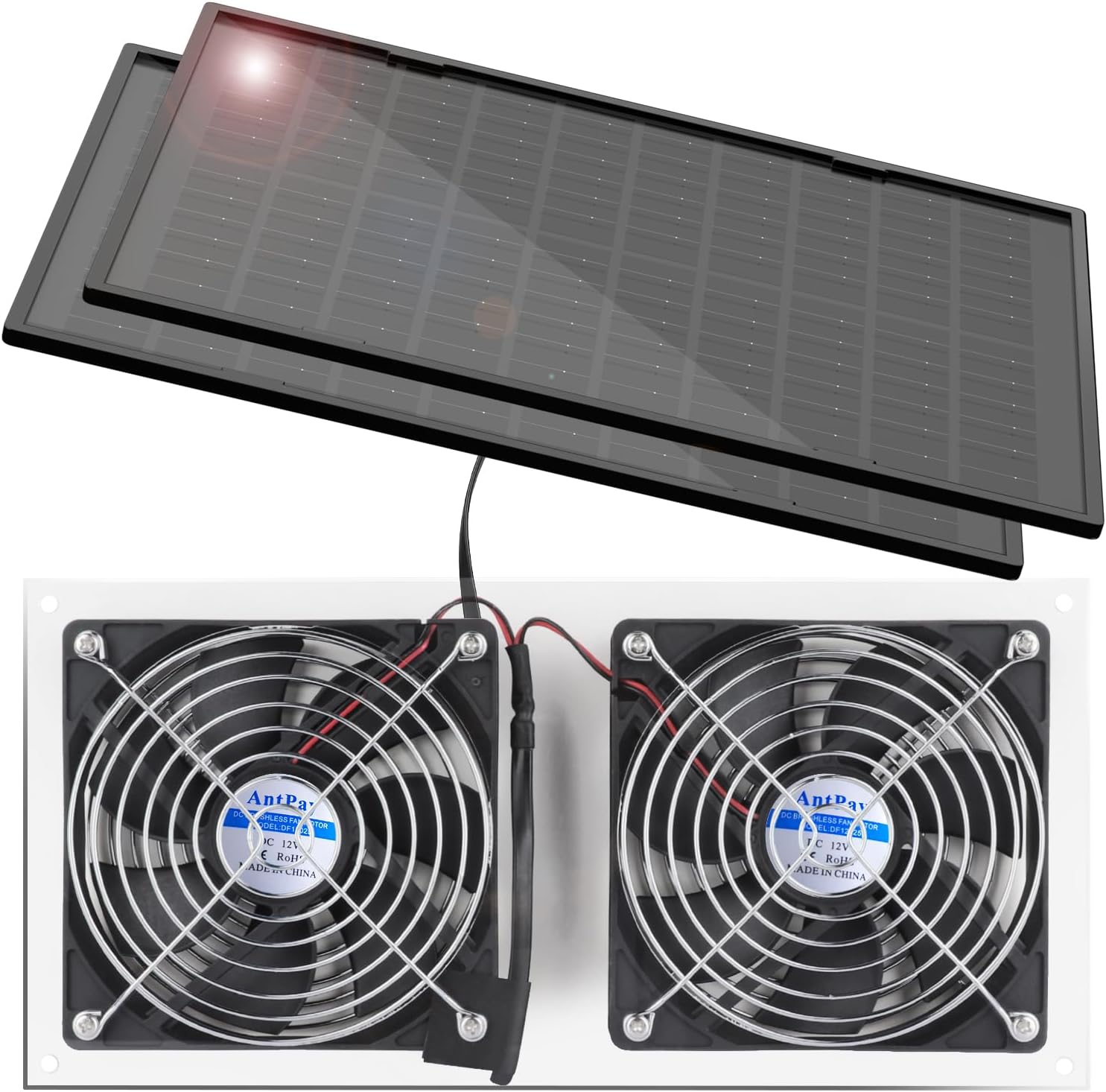 AntPay 20W Photo voltaic Powered Fan Package, IPX7 Weatherproof Twin Fan, Photo voltaic Exhaust Consumption Cooling Air flow for Rooster Coop,Greenhouse,Shed,Pet Home,Outdoors with 11Ft/3.5m On/Off Change Cable
