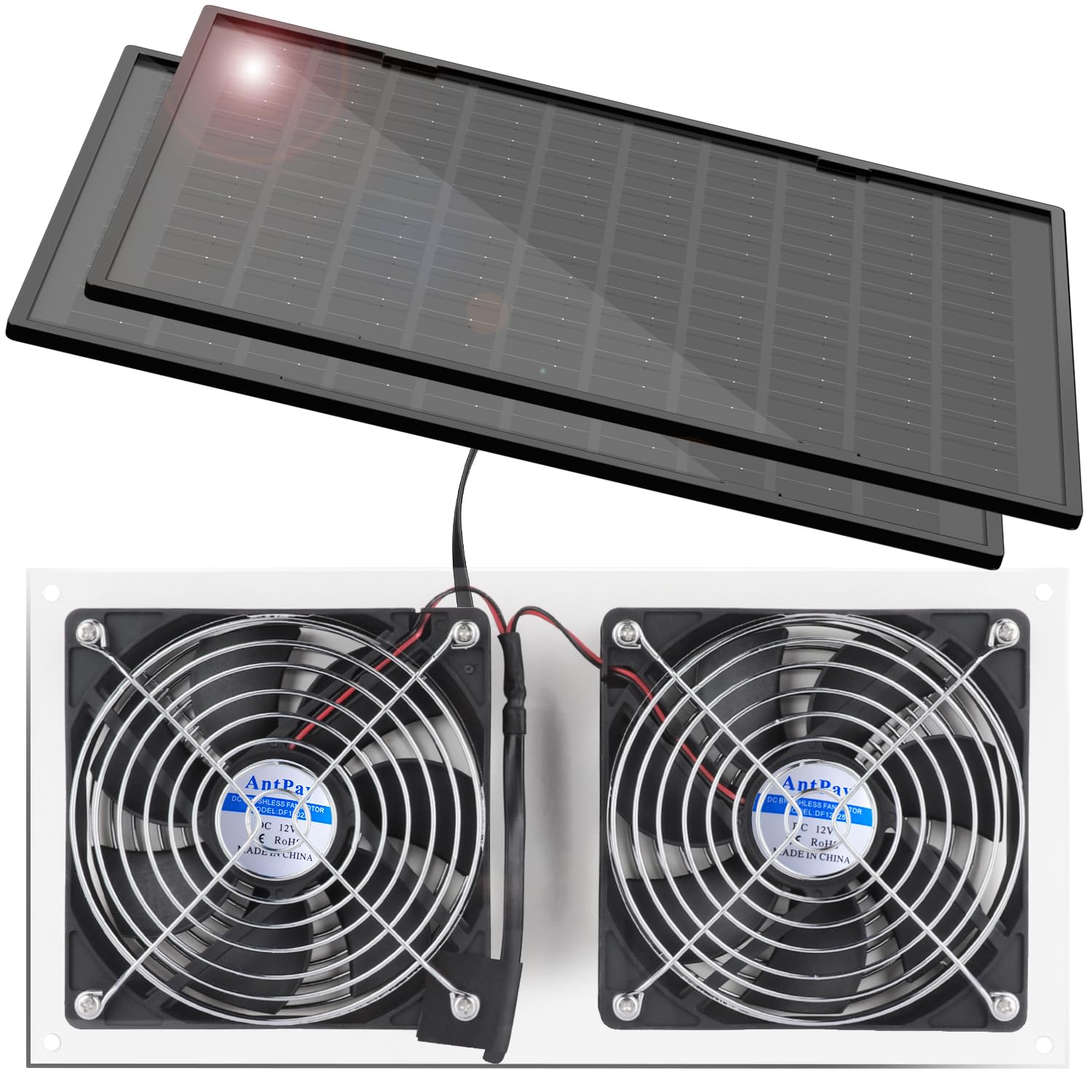20W Solar Powered Fan Kit, IPX7 Weatherproof Dual Fan, Solar Exhaust Intake Cooling Ventilation for Chicken Coop,Greenhouse,Shed,Pet House,Outside with 11Ft/3.5m On/Off Switch Cable