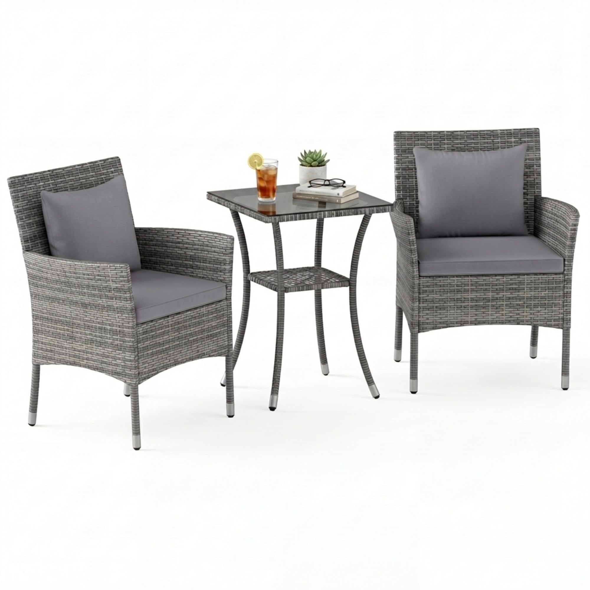 GIANTEX Juego de Muebles de Jardín 3 Piezas, 2 Sillones con Cojines y 1 Mesa con Tablero de Cristal, Conjunto de Muebles de Ratán para 2 Personas, Juego de Bistró para Balcón, Patio (Gris)
