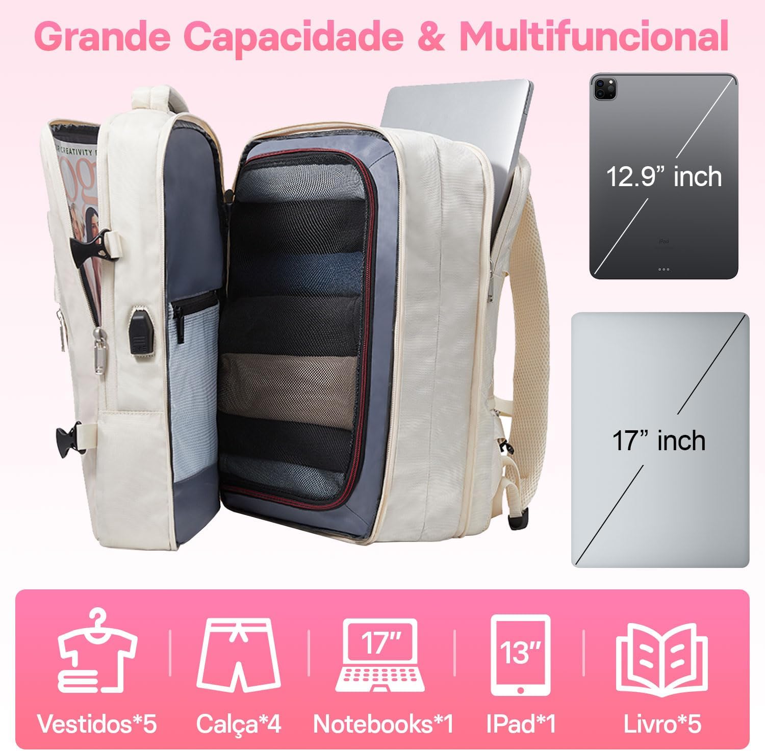 Mochila vista de lado com fundo rosa suave.