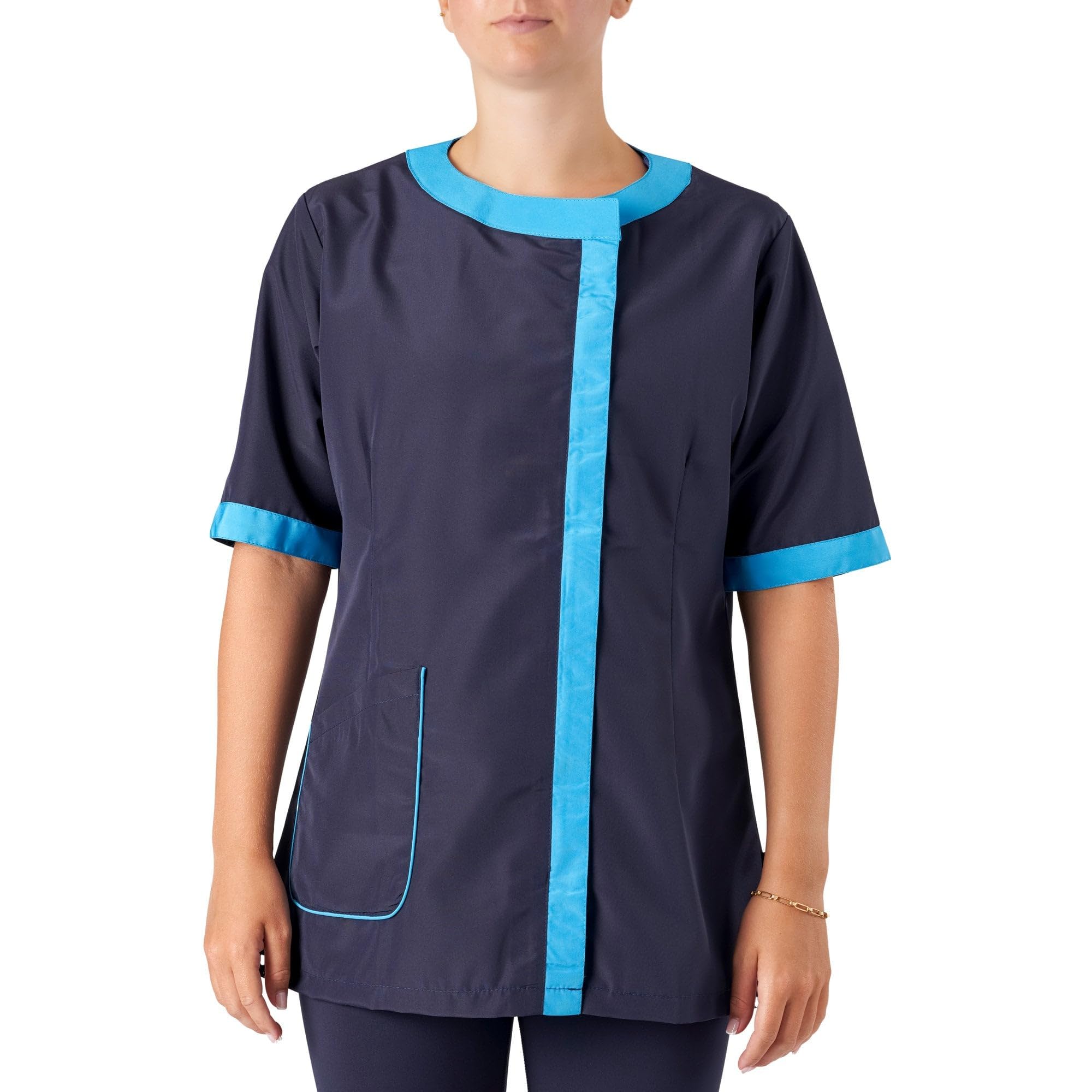 Amelia Boat Neck Zip Up Dog Grooming Tunic/Jacket - Pet Hair Resistant/Quick Drying Workwear - Navy/Turquoise - Small