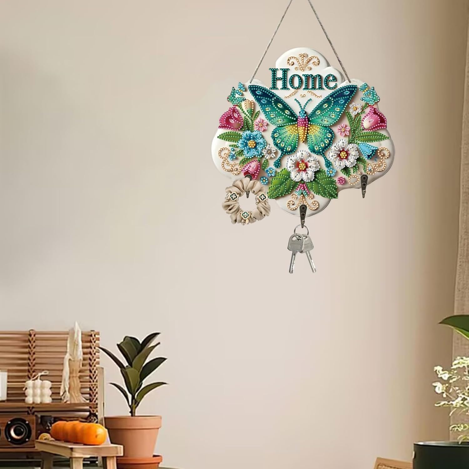 DIY Hanging Diamonds Art Painting Kits, Creative 5D Hummingbird Butterfly Welcome Hanging Ornament Window Pendants Wreath Kits with Hook-2PCS-A