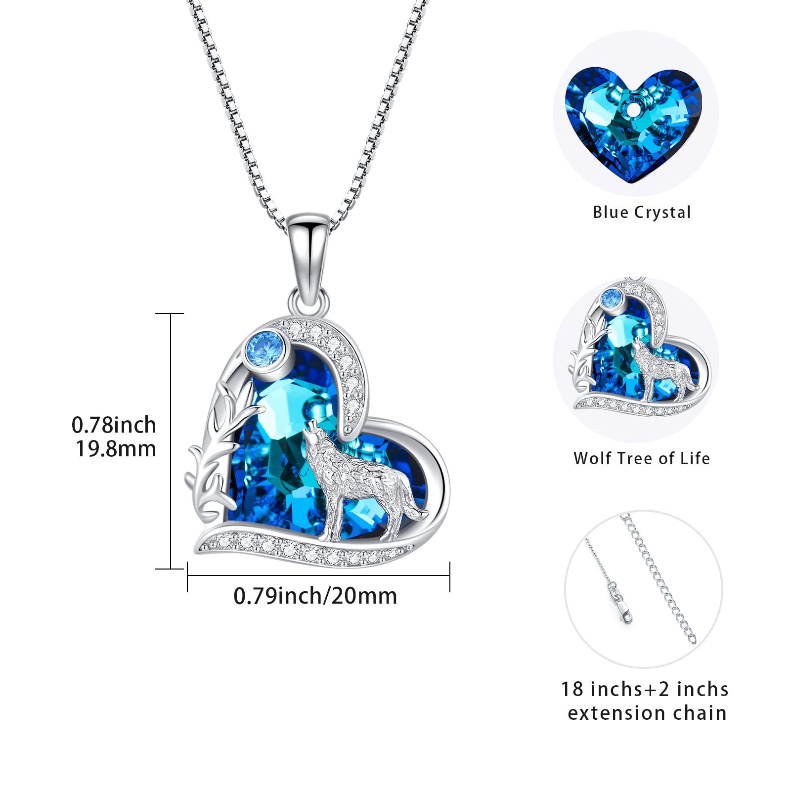 Wolf Kette Sterling Silber Liebesherz Wolf Kristall Halskette Wolf Anhänger Geschenke Weihnachts für Damen Teenager Mädchen（ Kette 18 Zoll + 2 Zoll ）