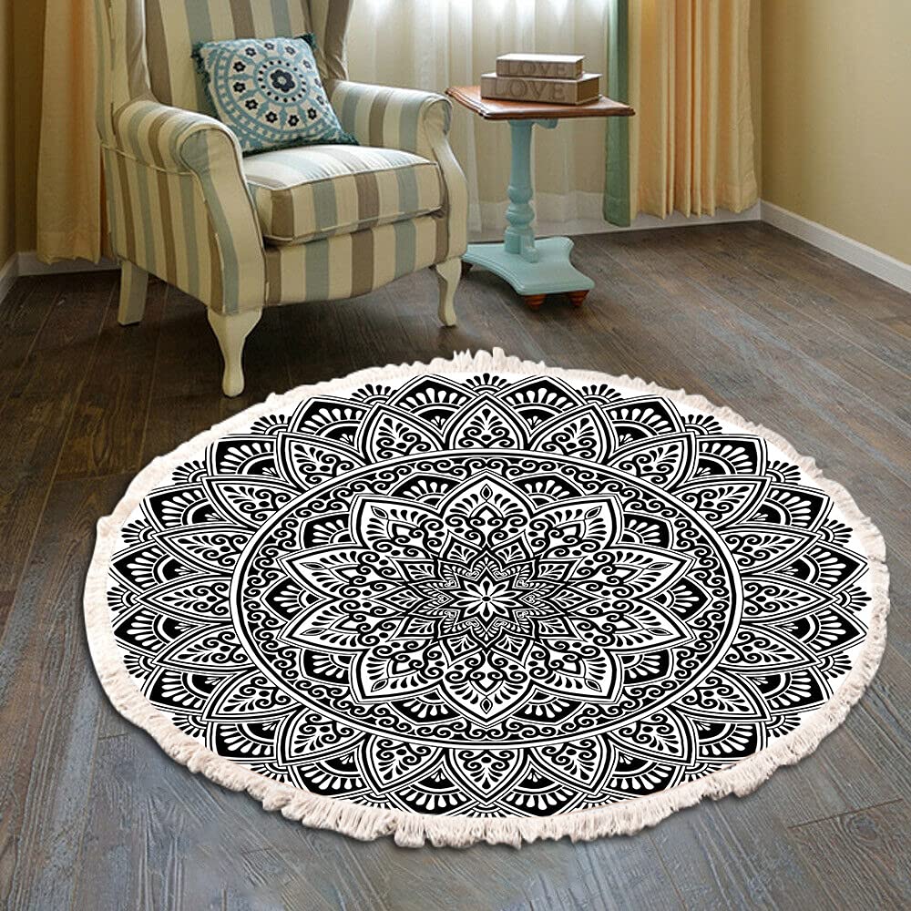 Morbuy Mandala Round Area Rug Carpet Handmade Rug, Machine Washable Indian Floor Mats With Tassels Hand Woven Printed Kitchen Runner For Bedroom Living Room (80Cm,)