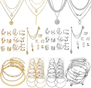 60 PCS Gold Jewelry Set with Multi-Layered Bracelet Necklace, Dangle Ear...
