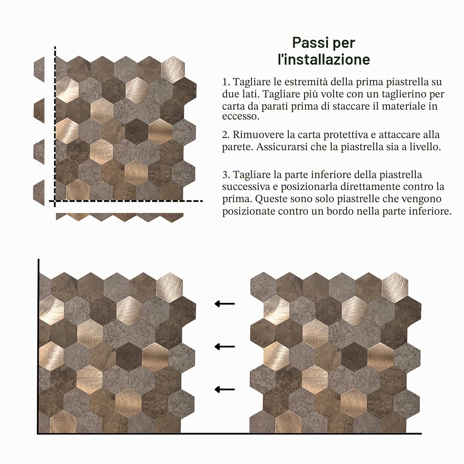 Set di 10 fogli per piastrelle da parete autoadesive in metallo spazzolato, spessore 4 mm, super resistente