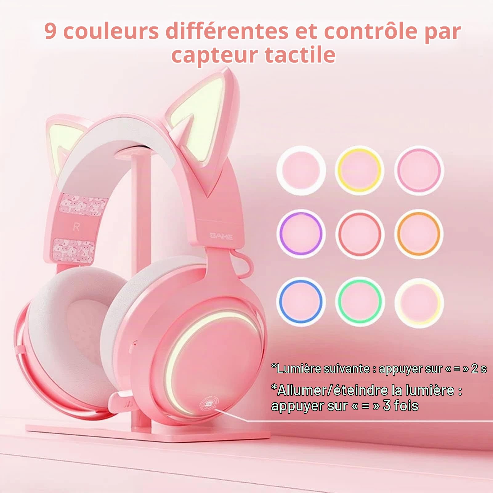 ASHATA Casque de Jeu Rose, Casque de Jeu Filaire USB Rose avec Oreille de Chat pour PC/MAC avec Suppression du Bruit Surround 7.1, Oreille de Chat et Micro Détachables,