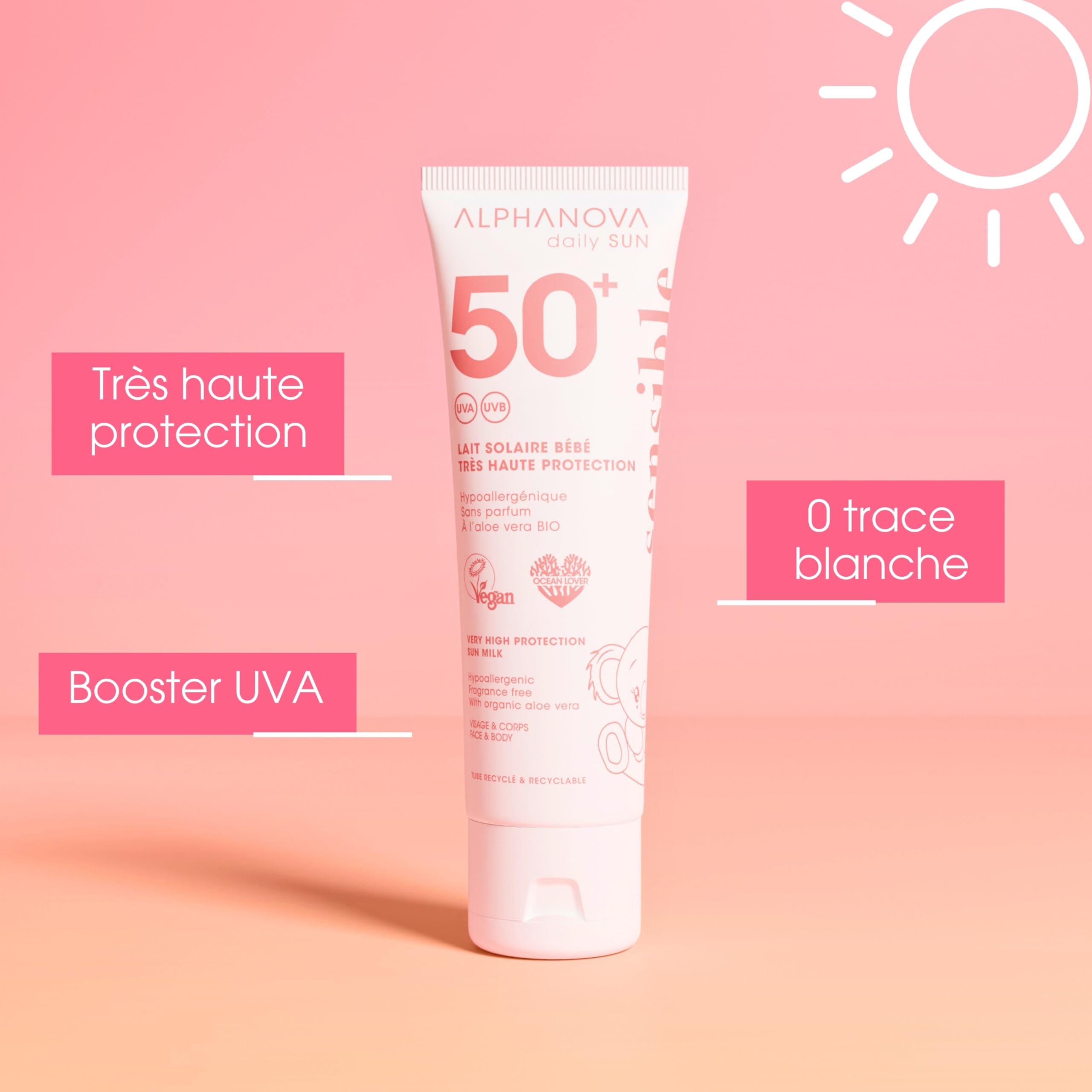 ALPHANOVA Lait Solaire Bébé SPF50+ DAILY SUN - Visage et corps - Hypoallergénique - peaux sensibles - sans parfum 50ml
