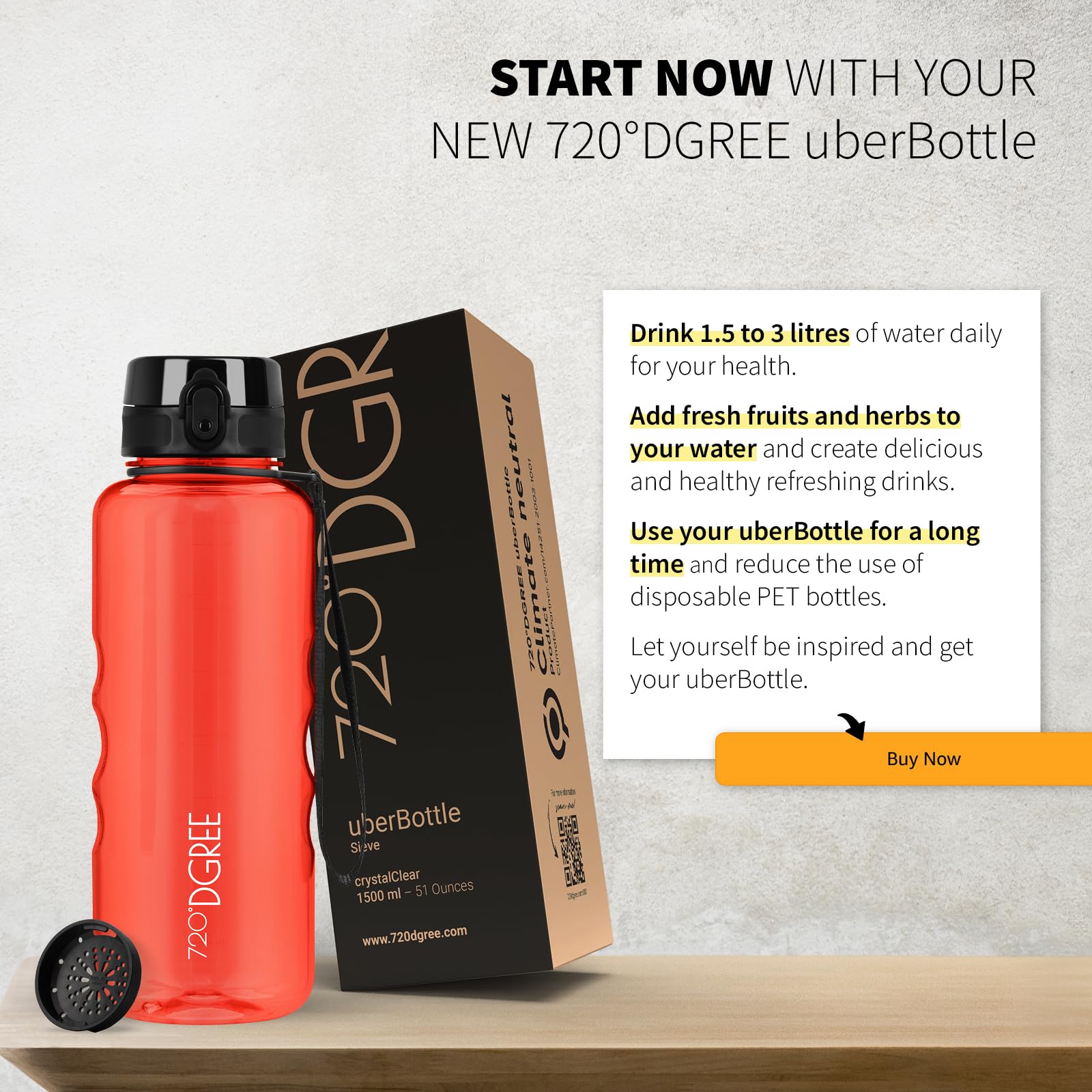 720°DGREE Water Bottle 1.5l “uberBottle“ crystalClear +Sieve, BPA-Free, Leakproof, Reusable Drinking Bottle - Image 6