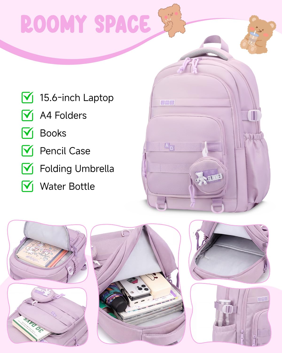 Amythe Mochila Escolar con Ruedas para Niña, Mochila Colegio Niña con Carrito Desmontable 6 Ruedas, 21L Mochilas Primaria Grande con Carro para Chicas 9-16 Años, Morado