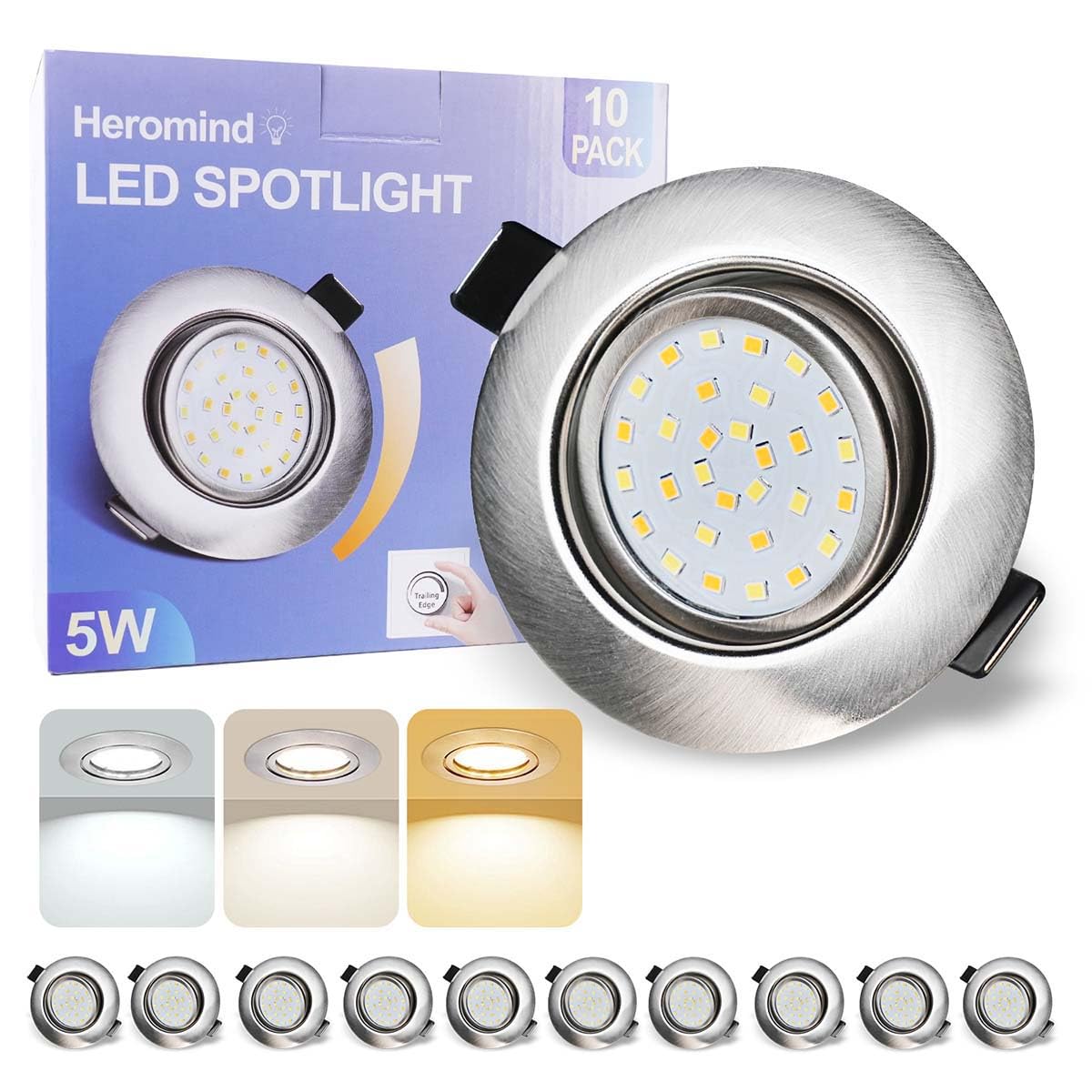 Set di 10 Faretti Led da Incasso per Cartongesso, IP44 230V 5W Faretti da Incasso, Tripla Temperatura Colore 3000K/4500K/6000K, Foro 69-79mm, Spot LED con Angolo Regolabile