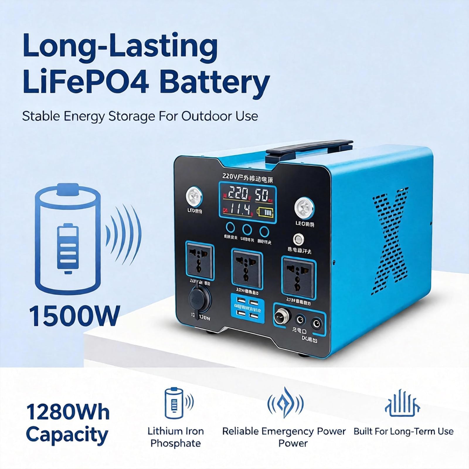 Centrale elettrica portatile 1500W 1280Wh, uscite AC USB DC 1500w | Due modelli disponibili: 1000W 870Wh /1500W 1280Wh, dimensioni compatte adatte al bagagliaio e zaini da trekking.