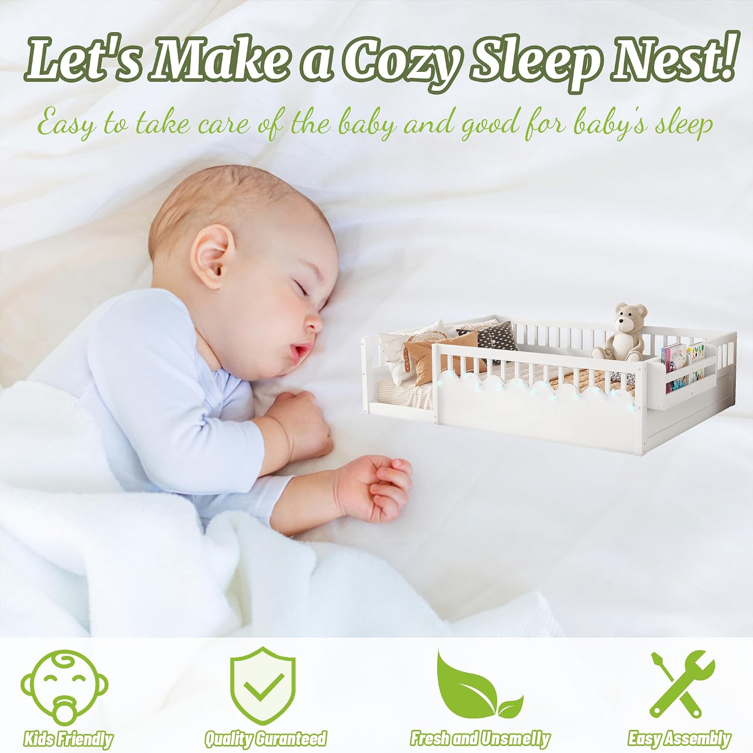 Twin Size Montessori Bed, Wood Twin Montessori Floor Bed with High Rails & Storage Shelf, Baby Floor Beds with LED Light for Boys & Girls, White