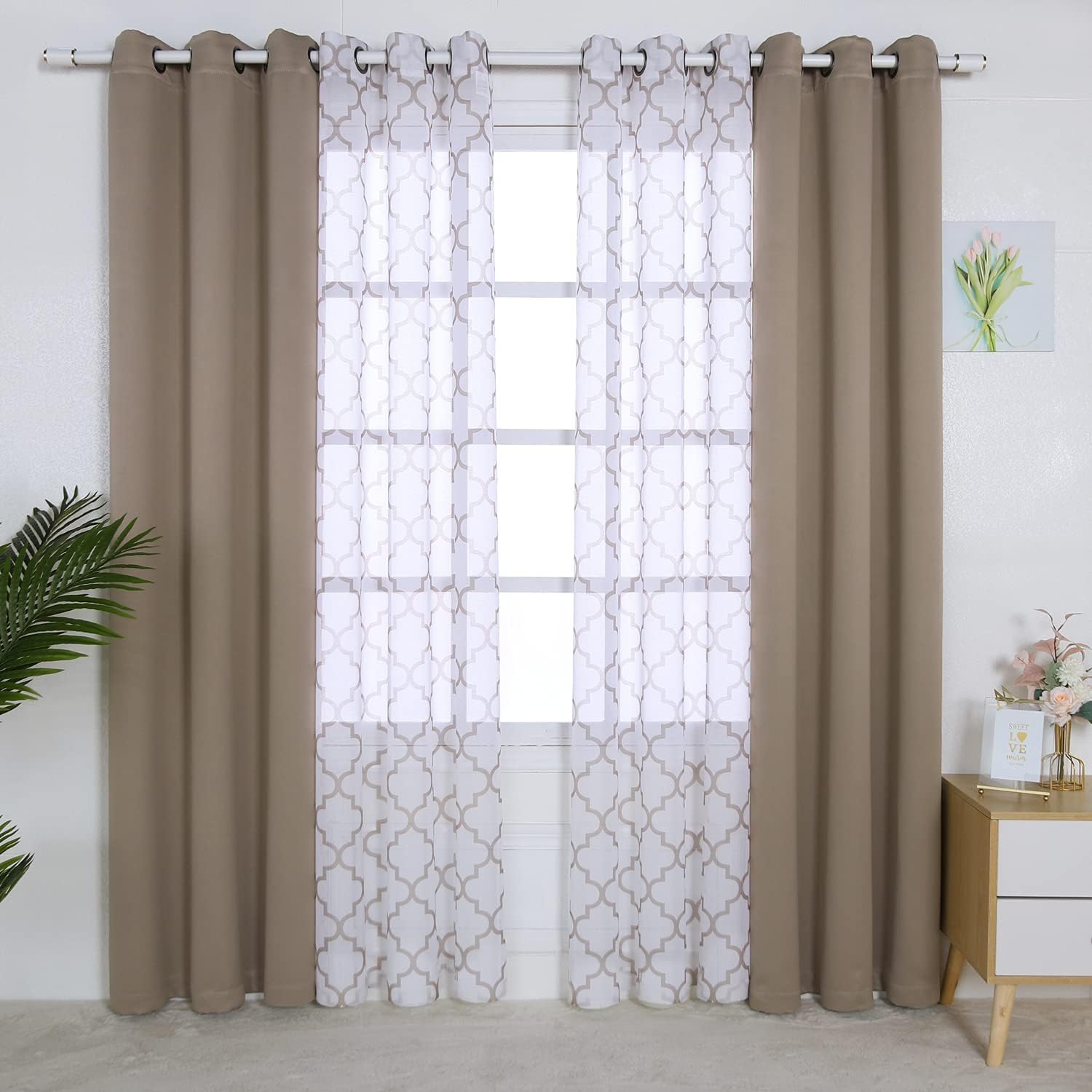BONZER Mix and Match Curtains - 2 Pieces Moroccan Print Sheer Curtains and 2 Pieces Blackout Curtains for Bedroom Living Room Grommet Window Drapes, 37x84 Inch/Panel, Taupe, Set of 4 Panels