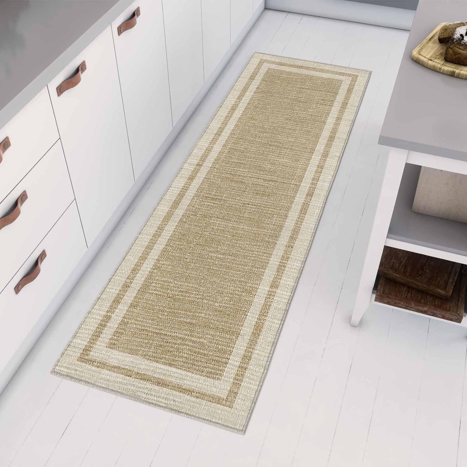Kitchen Mats for Floor Farmhouse Vintage Linen Washable Non Slip Kitchen Rugs 1PCS, Country Beige Linen Texture Absorbent Standing Mats for Sink Bathroom Office Living Room 15.7x47.2in