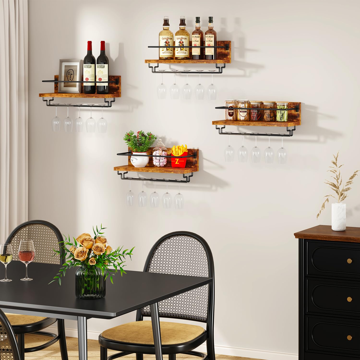 IBUYKE Portabottiglie da Parete,Porta Vino in Legno,Set da 2,Porta Calici da Parete,Multifunzione Mensola Parete per Cucina, Sala da Pranzo, Bar, Marrone Rustico TMJ910H