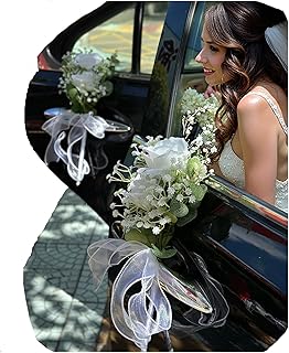 4 Pack Wedding Car Decorations - Handmade White Roses & Baby’s Breath with Eucalyptus Leaves, Gifting-Boxed for Just Married Bridal Party Decor Door Handle & Bridal Bouquet Cars Accessories