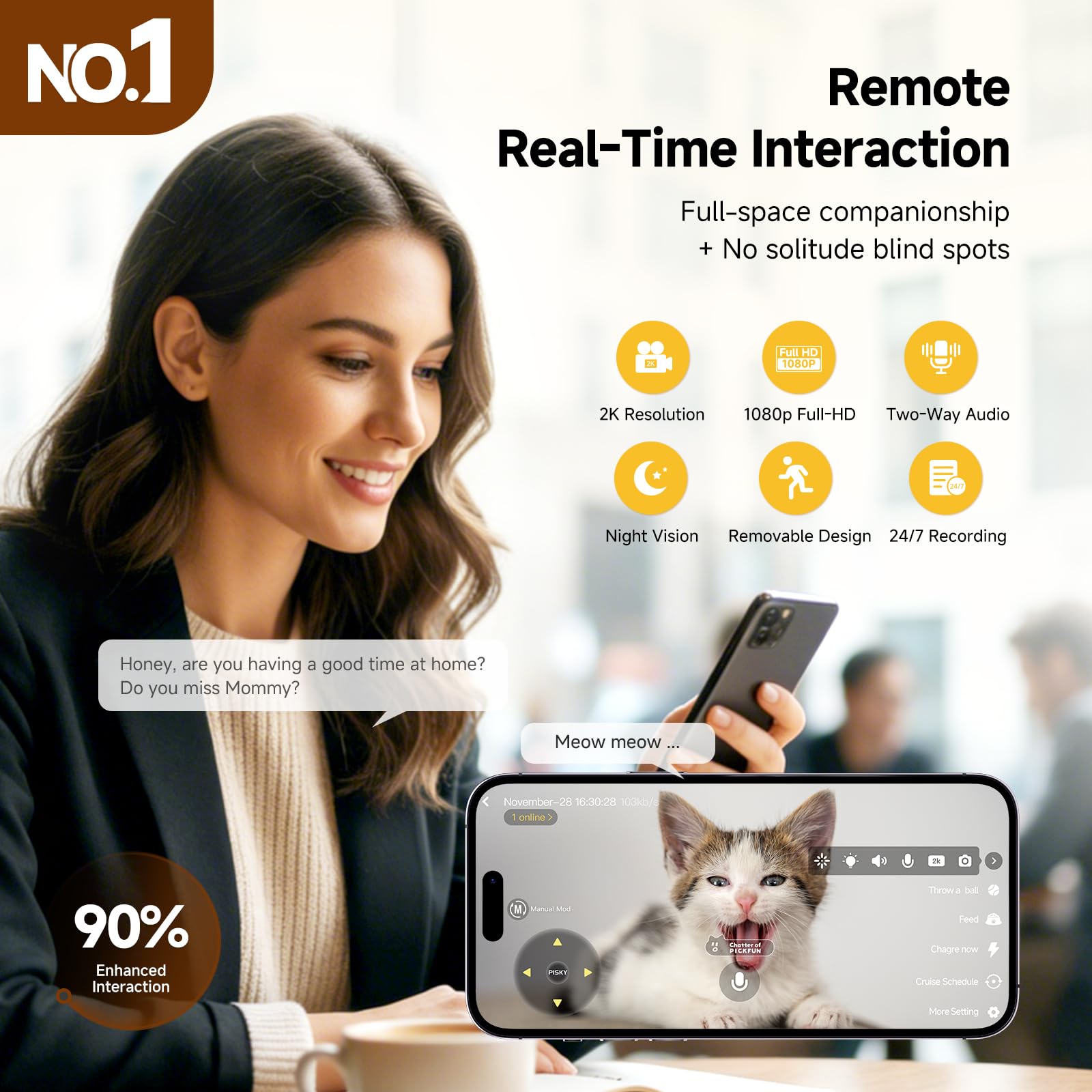 PMATE - Cámara de mascotas con movimiento automático para mascotas con seguimiento automático y patrulla, visión en vivo 2K, visión nocturna, conversación bidireccional y recarga automática