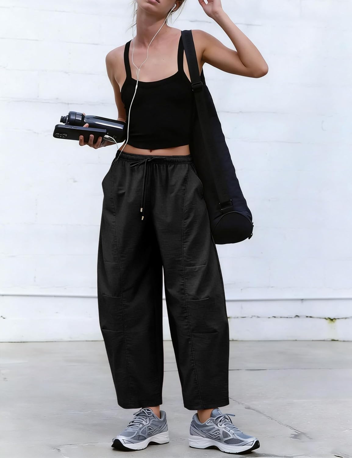 Lviefent Womens Barrel Pants Casual Drawstring Elastic Waist Crop Wide Leg Parachute Pants with Pockets